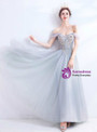 Amazing In Stock:Ship in 48 Hours Gray Tulle Off the Shoulder Appliques Beading Long Prom Dress