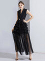 Trendy A-Line Black Suit Sleeveless Tulle V-neck Long Evening Dress