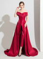 Modern Burgundy Satin Off the Shoulder Trouser Skirt Prom Dress