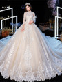 Advanced Long Sleeves Appliques Tulle High Neck Long Train Wedding Dress