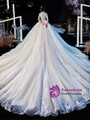 Advanced Long Sleeves Appliques Tulle High Neck Long Train Wedding Dress