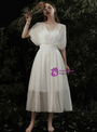 Casual White Chiffon V-neck Pleats Tea Length Beach Simple Wedding Dress
