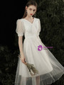 Fancy White V-neck Short Sleeve V-neck Pearls Short Beach Wedding Dress