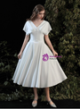 Casual White Satin V-neck Tea Length Short Beach Wedding Dress