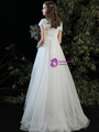 Casual White Tulle Lace High Waist V-neck Cap Sleeve Appliques Wedding Dress