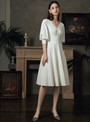 Simple White Satin V-neck Short Sleeve Beach Wedding Dress With Button