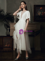Delicate White Tulle Satin Illusion Horn Sleeve Short Beach Wedding Dress