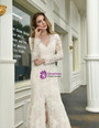 Glittering Mermaid Tulle Lace Appliques Long Sleeve V-neck Wedding Dress With Split