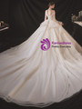 Queenly Champagne Tulle Long Sleeve Beading Backless Illusion Wedding Dress