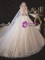 Queenly Champagne Tulle Long Sleeve Beading Backless Illusion Wedding Dress