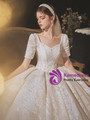 Delicate Champagne Tulle Appliques Sequins Short Sleeve Wedding Dress
