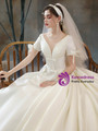 White Satin Short Sleeve Scoop Pleats Beading Wedding Dress