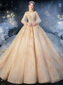 Champagne Tulle High Neck Long Sleeve Appliques Beading Wedding Dress