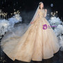 Champagne Tulle High Neck Long Sleeve Appliques Beading Wedding Dress