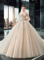 Impressive Dark Champagne Tulle Off the Shoulder Puff Sleeve Appliques Beading Wedding Dress