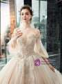 Impressive Dark Champagne Tulle Off the Shoulder Puff Sleeve Appliques Beading Wedding Dress