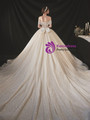 Popular Champagne Tulle Sequins Beading Pearls Wedding Dress With Train