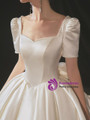 High quality White Satin Square Neck Short Sleeve Pleats Pearls Wedding Dress