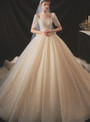 Attractive Champagne Tulle Square Short Sleeve Beading Pearls Wedding Dress