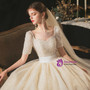 Attractive Champagne Tulle Square Short Sleeve Beading Pearls Wedding Dress