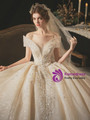 Fashionable Champagne Tulle Sequins Off the Shoulder Beading Wedding Dress