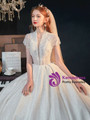 Delicate White Ball Sequins Lace V-neck Short Sleeve Beading Wedding Dress