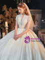 Delicate White Ball Sequins Lace V-neck Short Sleeve Beading Wedding Dress