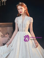 Delicate White Ball Sequins Lace V-neck Short Sleeve Beading Wedding Dress