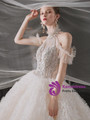 Tulle Tiers Halter Beading Backless Tiers Champagne Wedding Dress