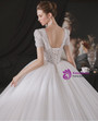 Flattering White Lace Appliques Beading Tulle V-neck Short Sleeve Wedding Dress
