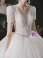 Flattering White Lace Appliques Beading Tulle V-neck Short Sleeve Wedding Dress