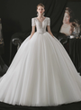 Flattering White Lace Appliques Beading Tulle V-neck Short Sleeve Wedding Dress