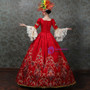 Red Square Puff Sleeve Print Rococo Baroque Vintage Gown Dress