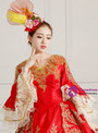 Red Satin V-neck Puff Sleeve Appliques Rococo Baroque Dress