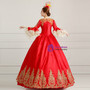 Red Satin V-neck Puff Sleeve Appliques Rococo Baroque Dress