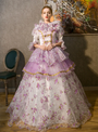 Purple Ruffles Print Short Sleeve Costume Masquerade Vintage Gown Dress
