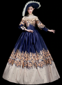 Blue Satin High Neck Print Long Sleeve Baroque Party Costume Dress