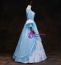 Blue Lace White Satin Square Long Sleeve Victorian Party Dress 