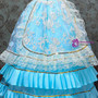 Blue Satin High Neck Appliques Long Sleeve Rococo Baroque Vintage Gown Dress
