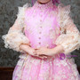 Pink High Neck Satin Lace Appliques Long Sleeve Vintage Gown Dress