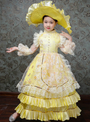 Yellow Satin Lace Appliques Long Sleeve Pearls Drama Show Masquerade Dress