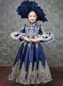 Navy Blue Satin Appliques Puff Sleeve Pearls Drama Show Dress