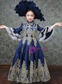 Navy Blue Satin Appliques Puff Sleeve Pearls Drama Show Dress