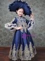 Navy Blue Satin Appliques Puff Sleeve Pearls Drama Show Dress