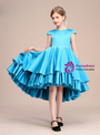 Blue Satin Hi Lo Cap Sleeve Tiers Flower Girl Dress