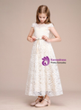 Lace Cap Sleeve Ankle Length Champagne Flower Girl Dress With Belt