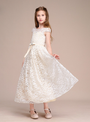 Lace Cap Sleeve Ankle Length Champagne Flower Girl Dress With Belt