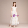 Lace Cap Sleeve Ankle Length Champagne Flower Girl Dress With Belt