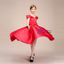 Red Satin Straps Bow Tea Length Flower Girl Dress
