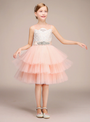 Pink Tulle Lace Tiers Belt Short Flower Girl Dress